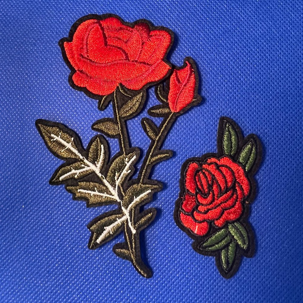 Set of 2 Red Rose Embroidered Patches Retro Pop Sew or Iron On